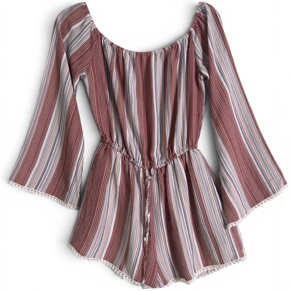 Onetheland Romper Striped Mauve Women Size M Boho Bell Sleeve Pom Pom Stretch
